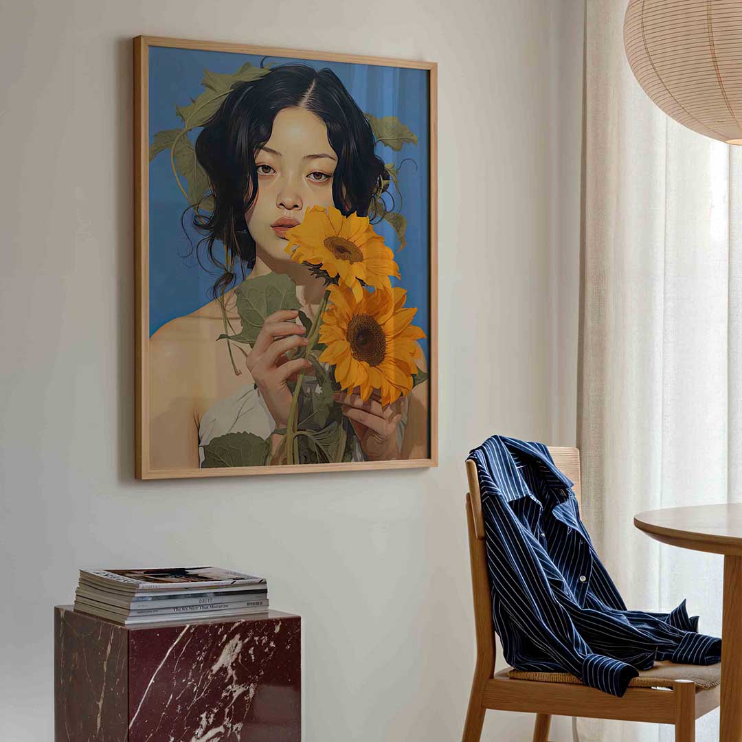 Vrouw met zonnebloemen – kleurrijke illustratie poster in staand formaat