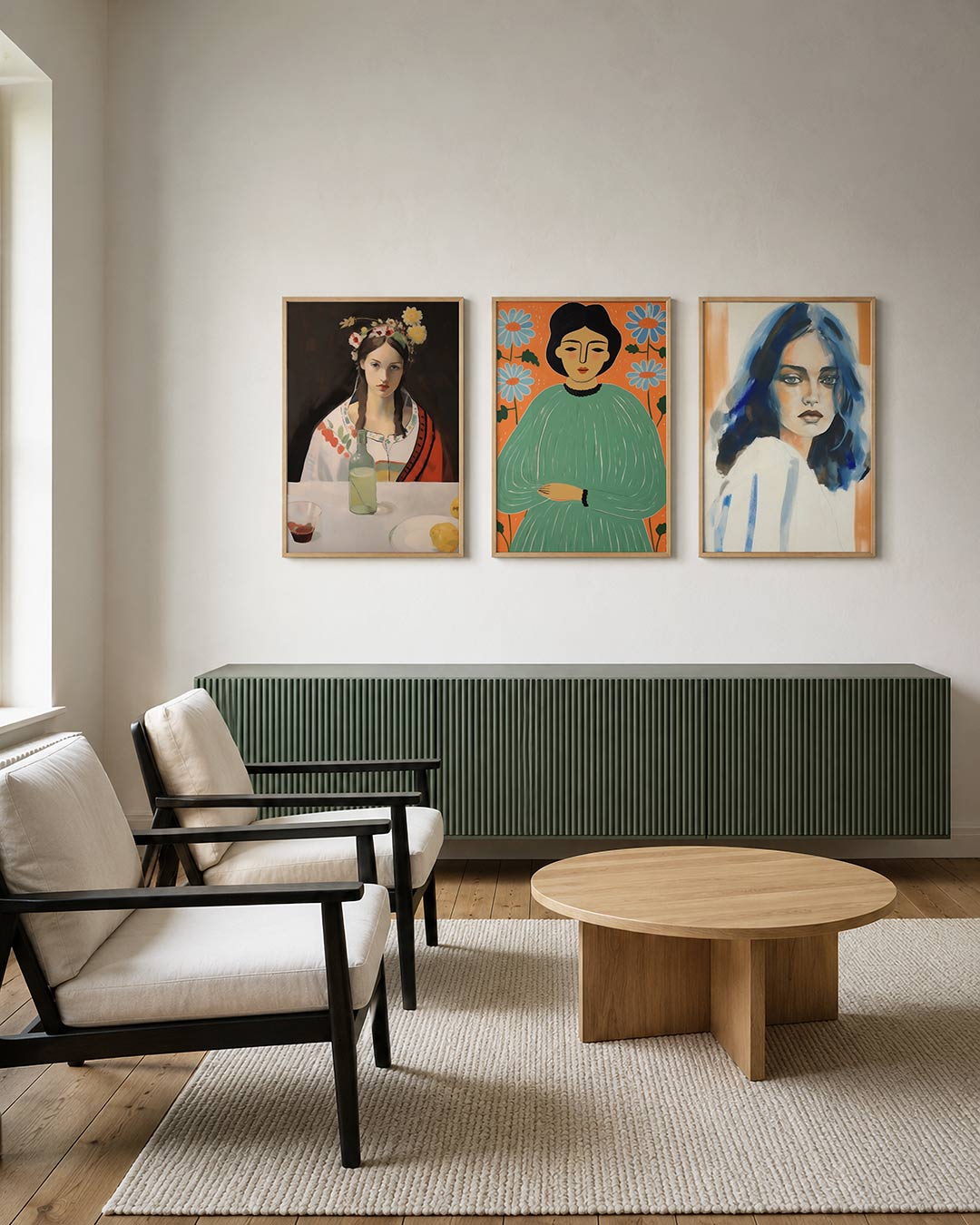 Kleurrijke portretcompositie posterset – derde productweergave – een vrouw met bloemen in haar haar zit aan een tafel met een