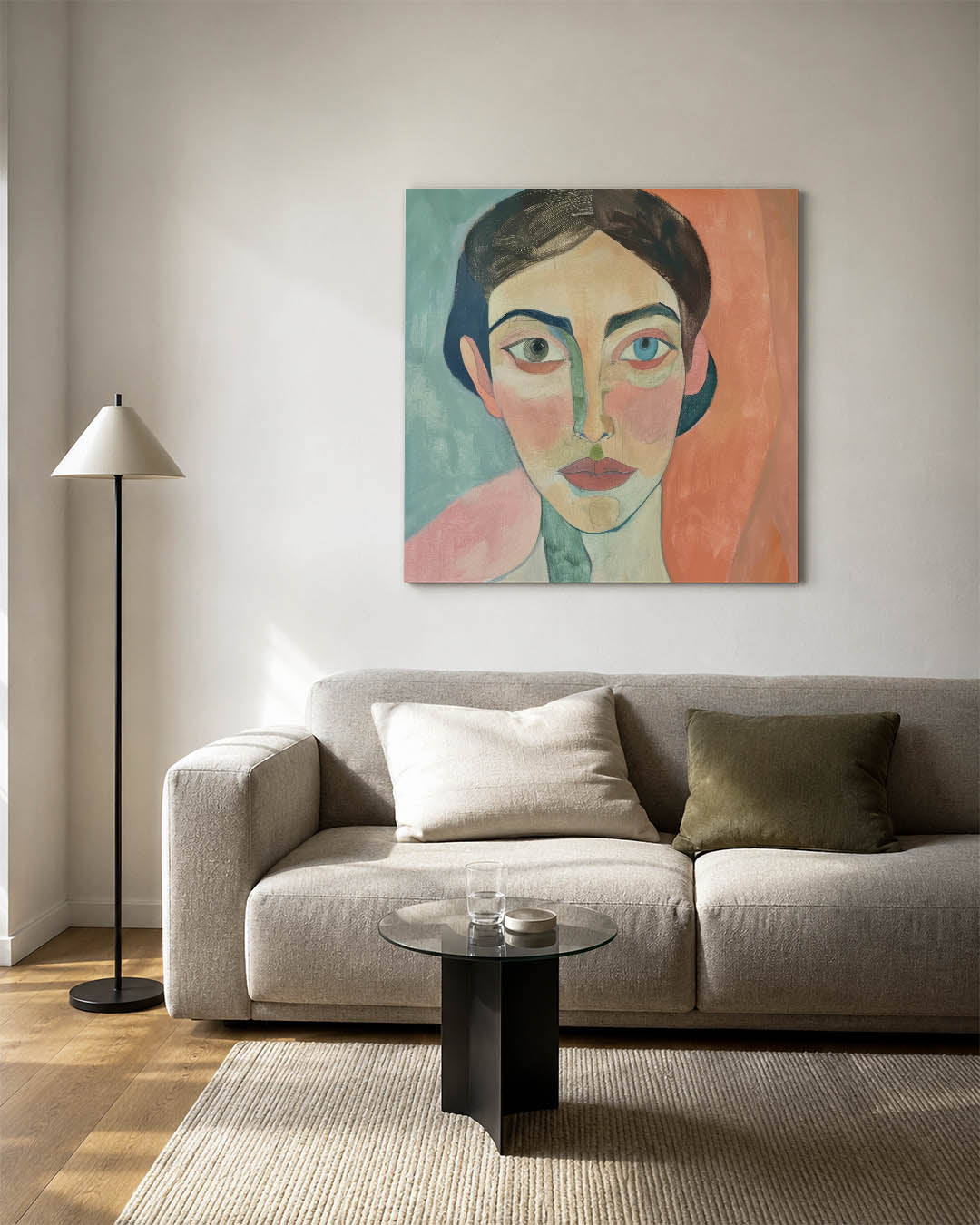Portretstudie kunstwerk – vierkante wanddecoratie – dit werk toont een portret met gedurfde kleuren en lijnen. De