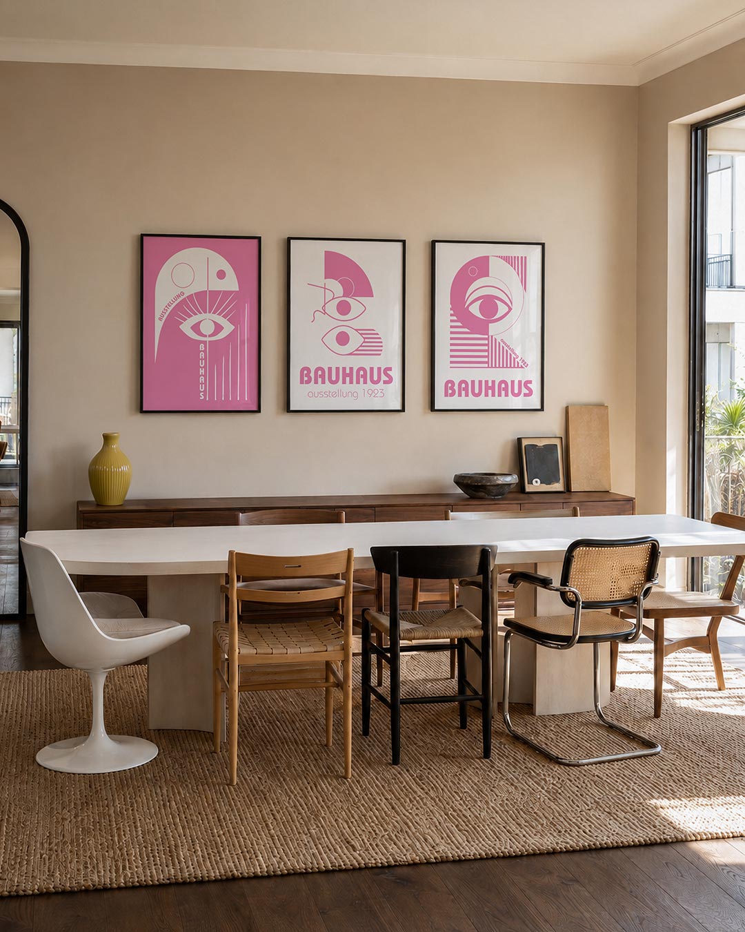 Oog en lijnen driedelige posterset – deze posterset in drie delen toont een speelse combinatie van cirkels, een oogvorm en