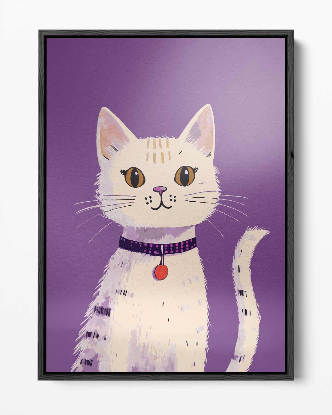 Speelse Kat op Paarse Achtergrond – portret kunstwerk als wanddecoratie