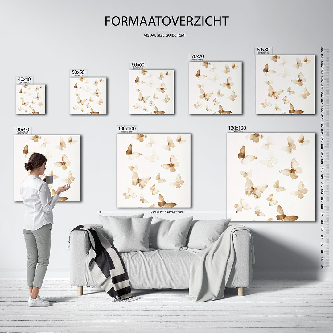 Vliegende vlinders kunstwerk – sfeerbeeld – dit kunstwerk toont een verzameling vlinders in zachte tinten, verspreid over een