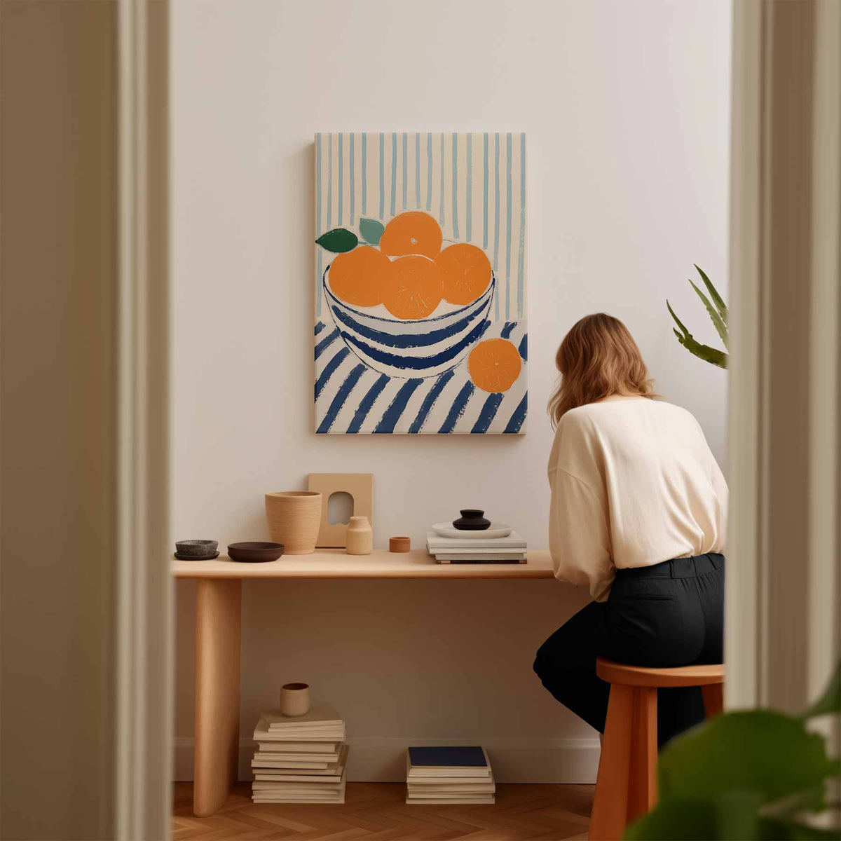 Zonnige Sinaasappels in Streepjesland – staand kunstwerk voor modern interieur