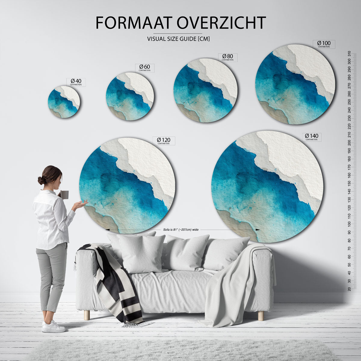 Blauwe en beige lagen – moderne ronde muurdecoratie met abstracte vormen