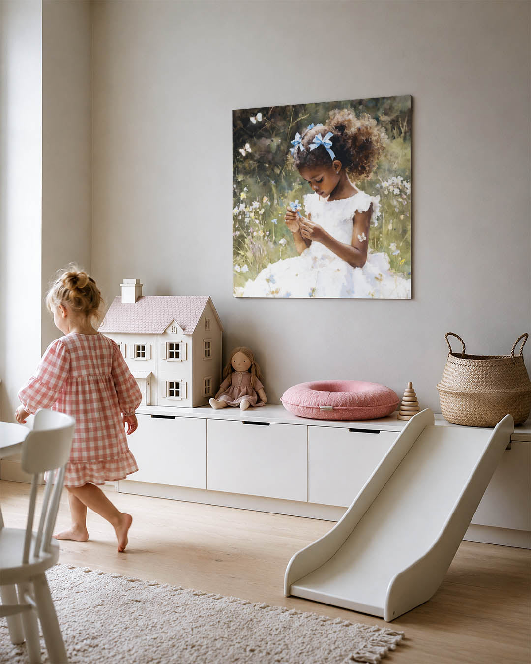 Dromerig meisje in bloemenveld kunstwerk – tweede productweergave – een jong meisje zit in een bloemenveld, omringd door