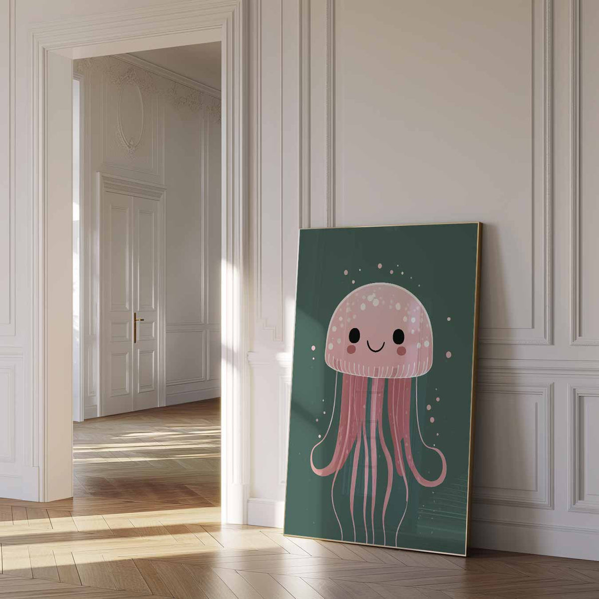Schattige Roze Kwallenposter – dierenposter als moderne staande wanddecoratie