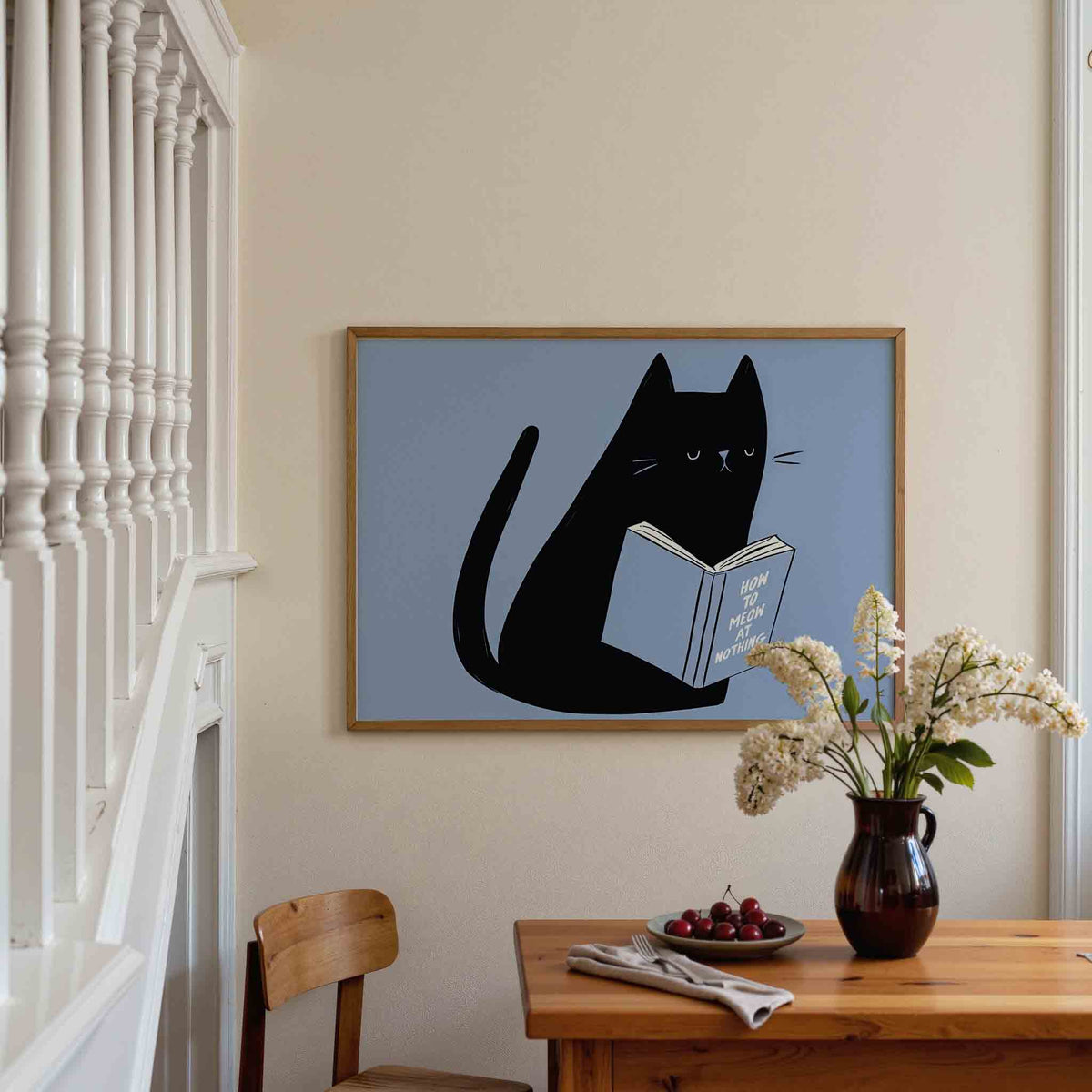 Zwarte kat met boek – liggende illustratie poster als wanddecoratie
