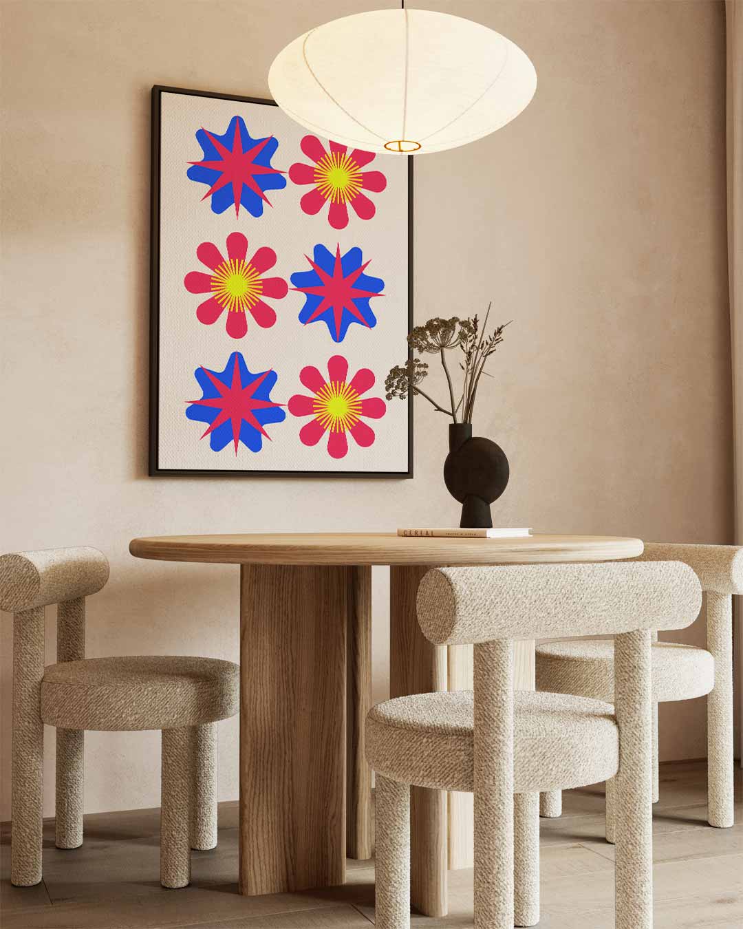 Vrolijke Bloemen- en Sterrenmix – kunstwerk met zwarte baklijst