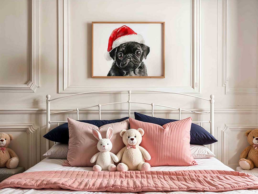 Mopshond met kerstmuts – kids poster in liggend formaat