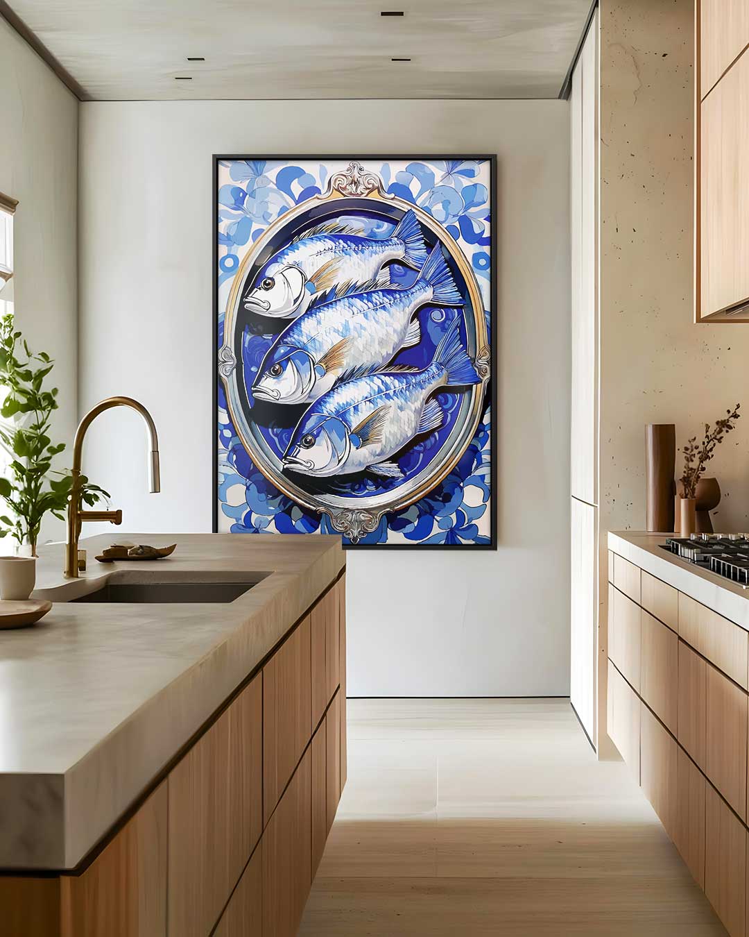 Blauwe Vissen in Vintage Frame – staand kunstwerk voor modern interieur