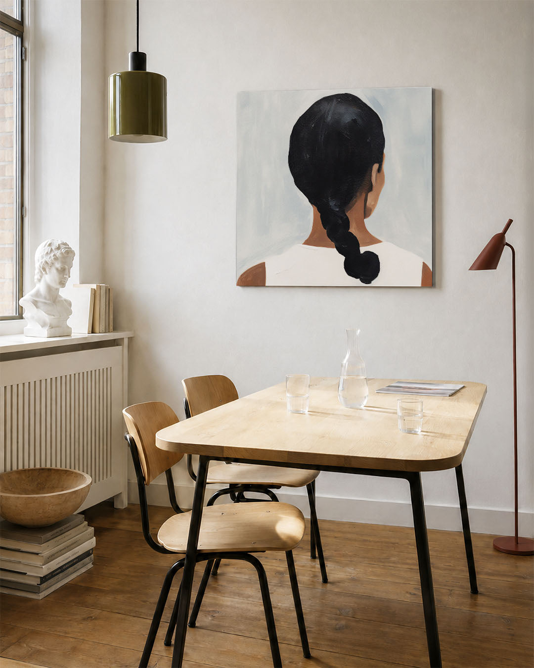Vrouwelijke silhouet achteraanzicht kunstwerk – vierkante wanddecoratie – dit werk toont een vrouw van achteren met een
