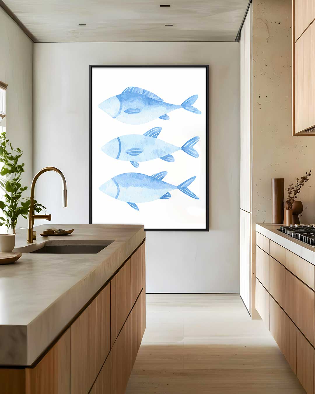 Blauw Waterverf Vissen Trio – staand kunstwerk voor modern interieur