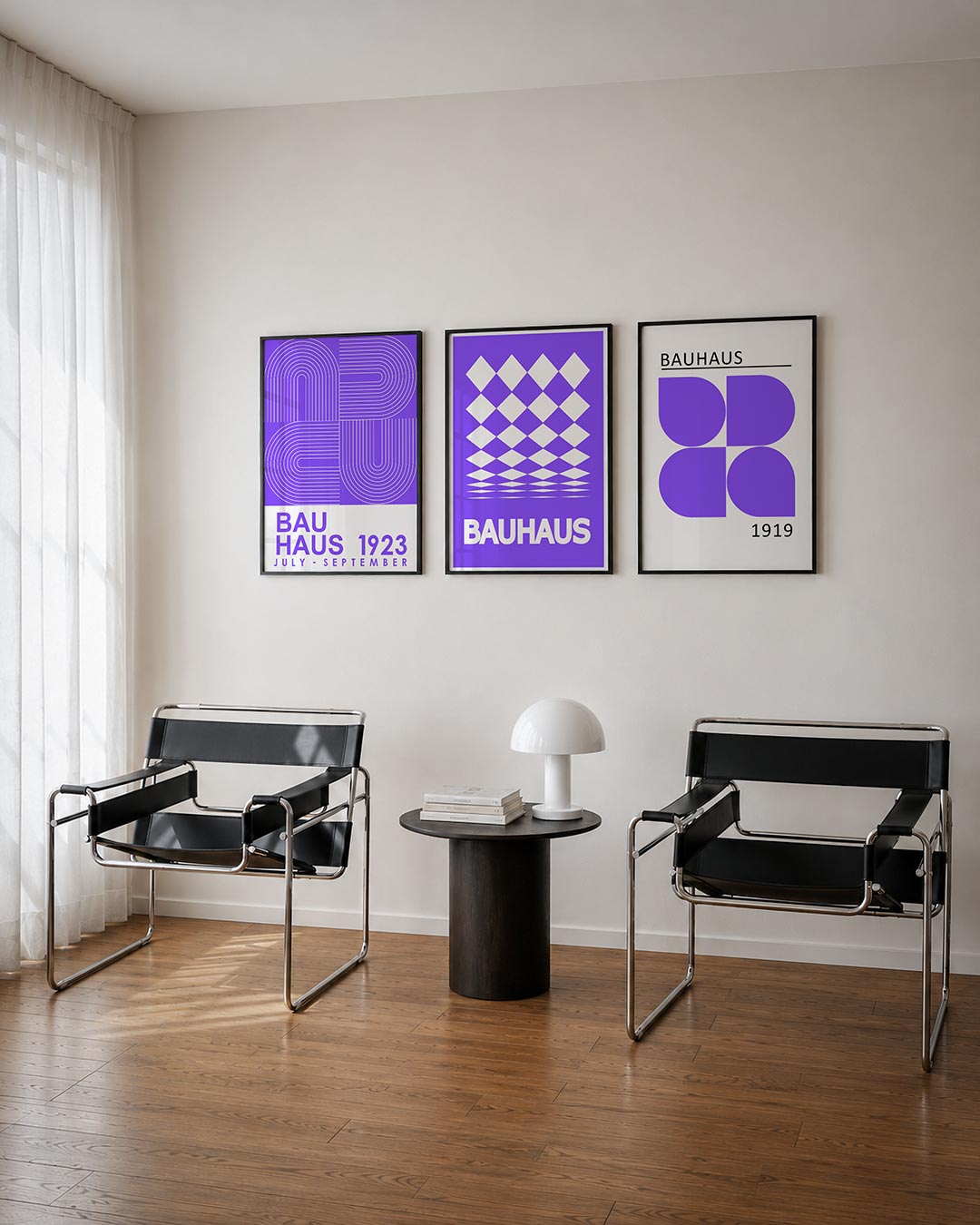 Lijnen en bogen posterset – derde productweergave – deze posterset in drie delen toont een spel van paarse en