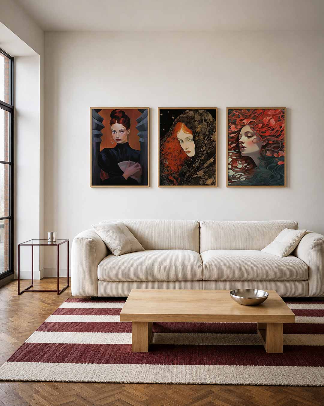 Vorm en kleur driedelige posterset – een vrouw met rood haar en een zwarte jurk staat tussen grijze
