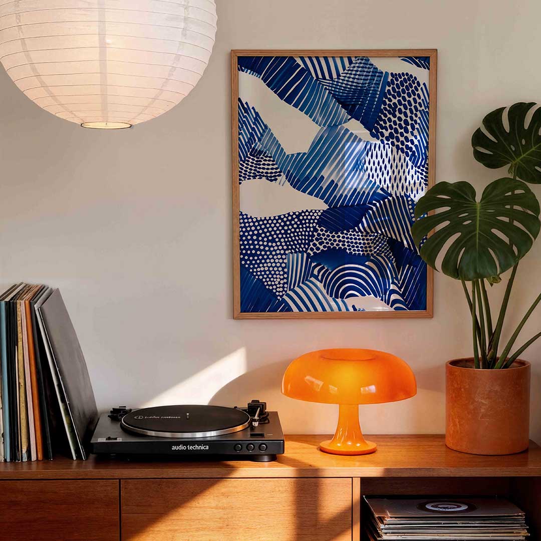 Abstracte blauwe patronen – staande kleurrijke wanddecoratie van WallArtistic
