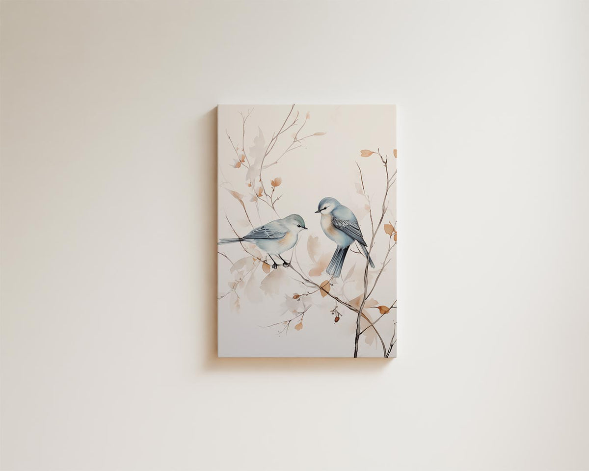 Vrolijke Vogels op Tak – kunstwerk met zwarte baklijst