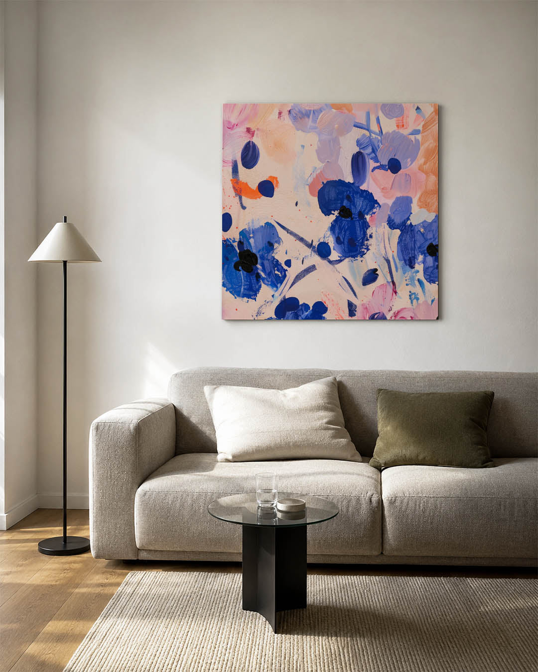 Dynamische kleurenexplosie kunstwerk – vierkante wanddecoratie – dit werk toont een levendige mix van blauwe en oranje vegen