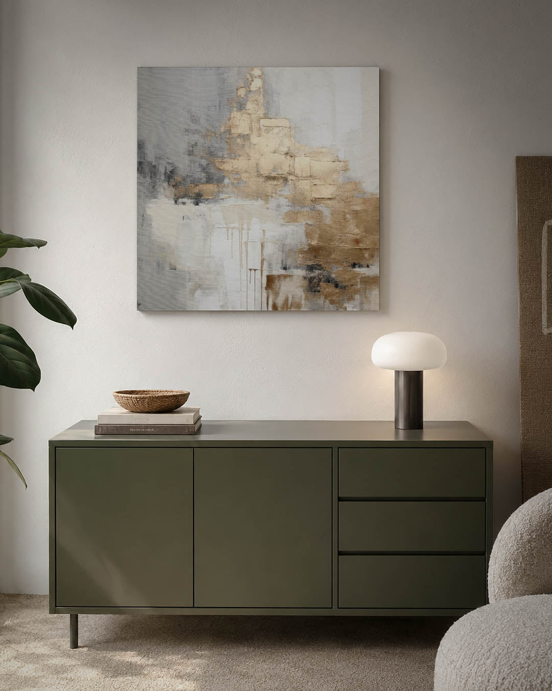 Gelaagde texturen kunstwerk – detailweergave – dit werk toont een dynamisch spel van grijs, beige en brons. De compositie