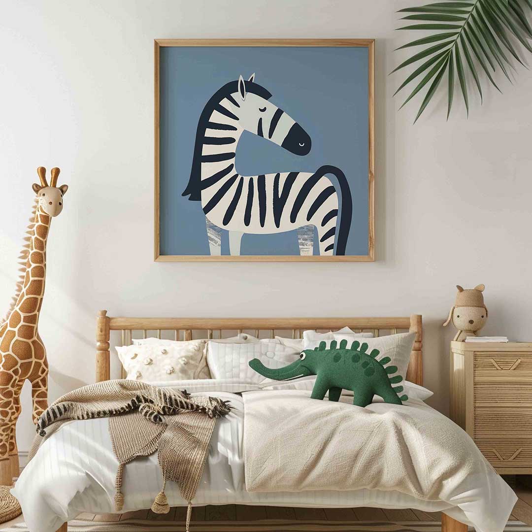 Zebra op blauwe achtergrond – vierkante kinderkamer wanddecoratie van WallArtistic