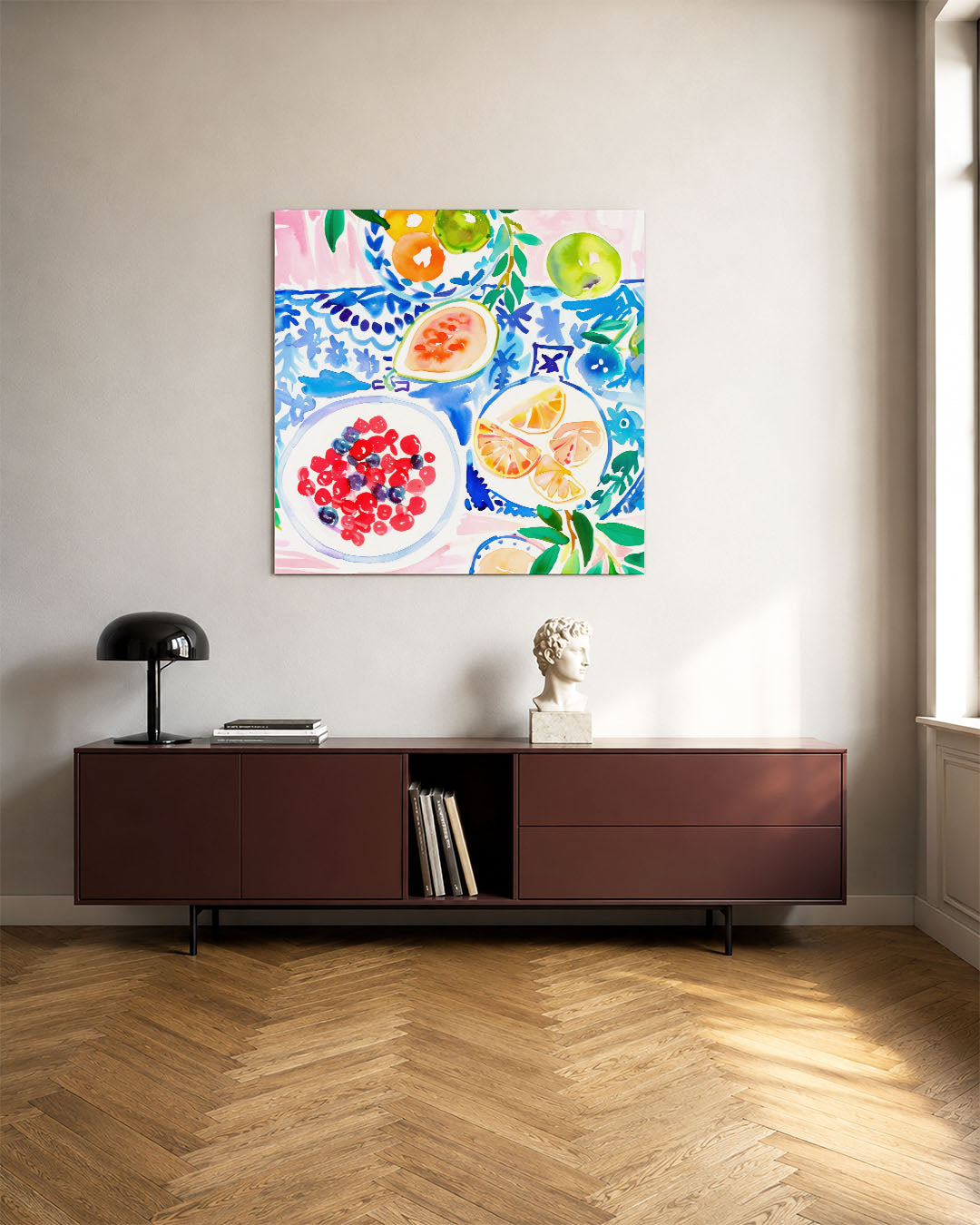 Fruit en patronen kunstwerk – tweede productweergave – dit werk toont een levendige compositie van fruit en patronen. Heldere