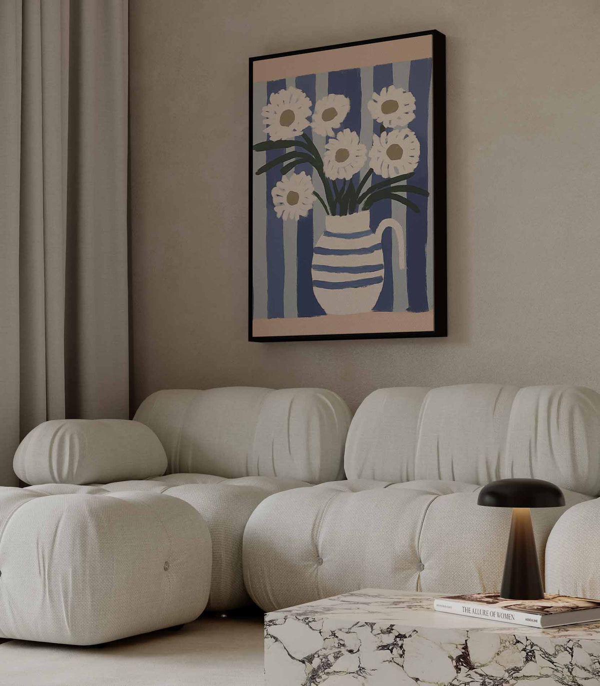 Bloemen in Blauwe Strepen – dibond wanddecoratie in staand formaat