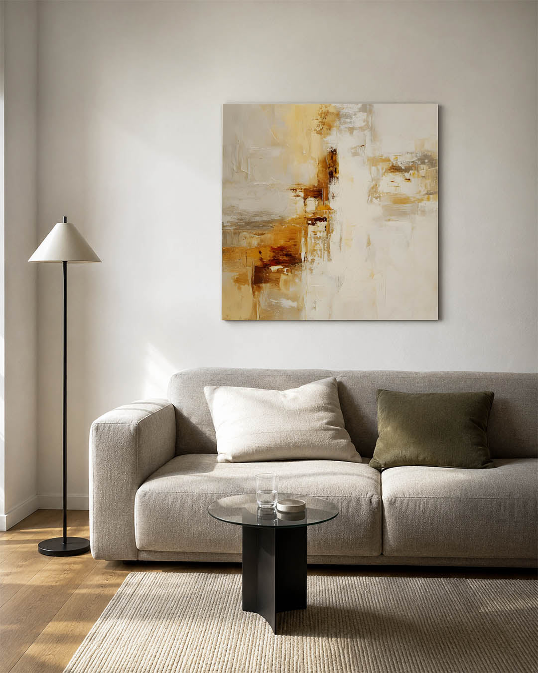 Gelaagde kleurencompositie kunstwerk – vierkante wanddecoratie – dit werk toont een dynamische mix van beige en bruin, met