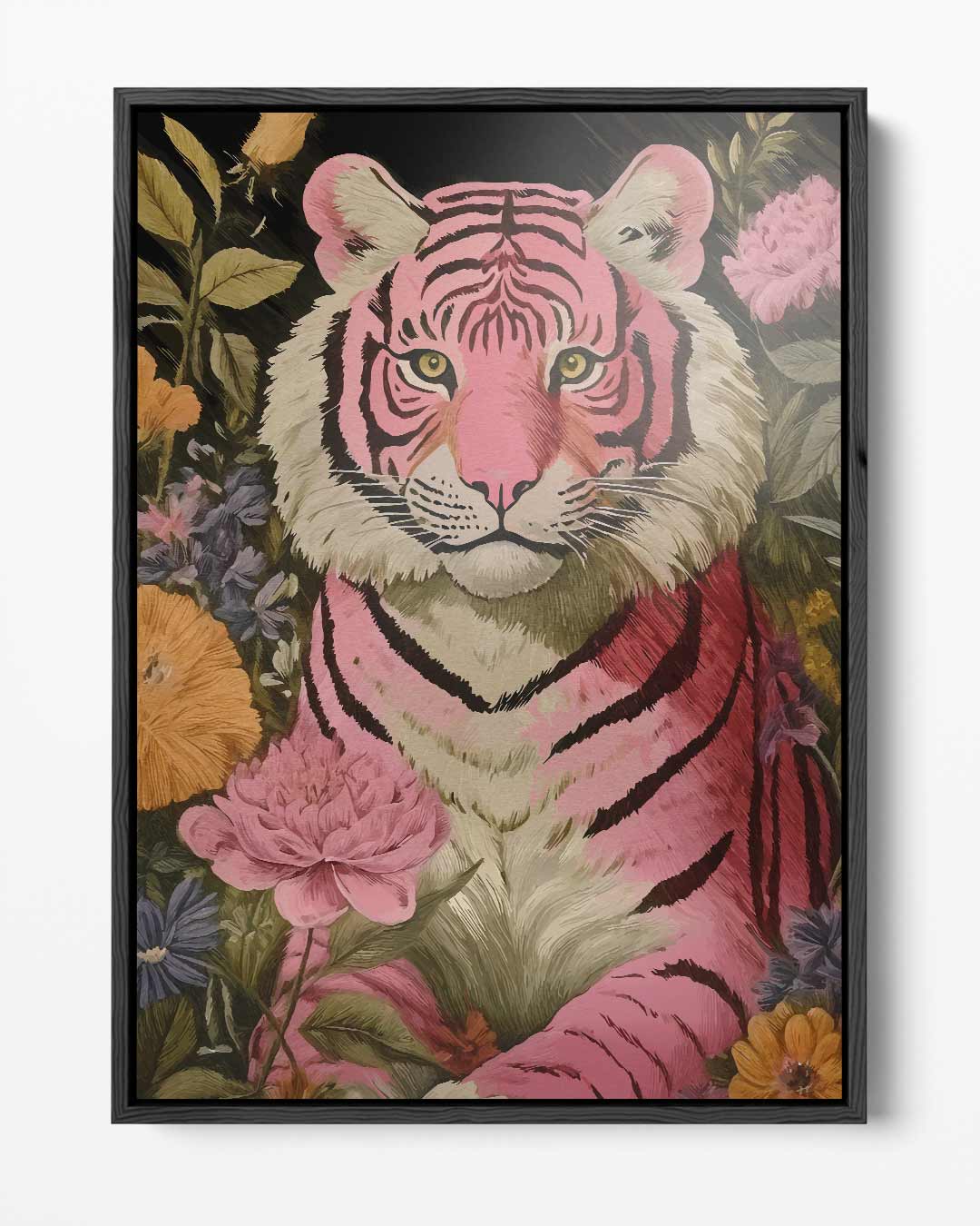 Roze Tijger in Bloemenzee – portret kunstwerk als wanddecoratie