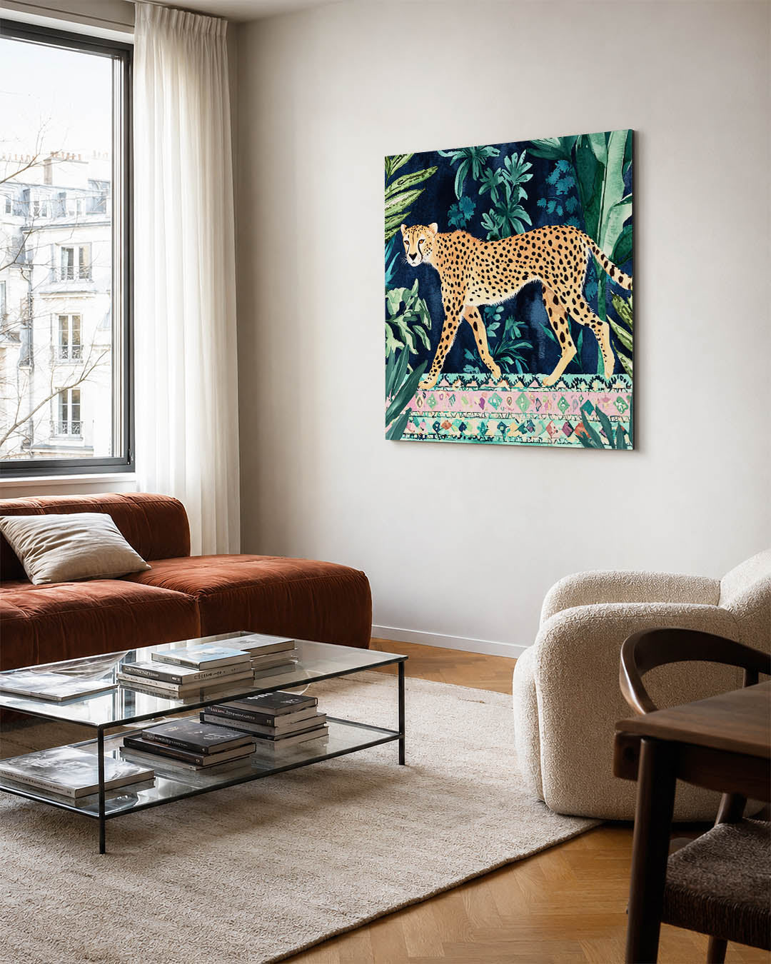 Luipaard in jungle kunstwerk – vierkante wanddecoratie – dit werk toont een luipaard te midden van weelderige groene bladeren