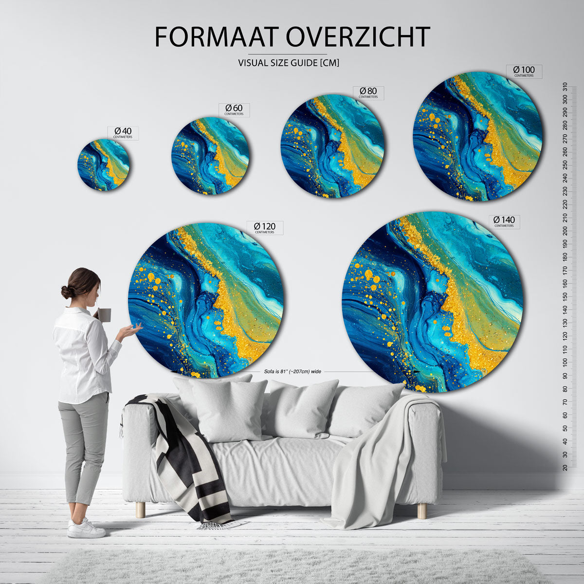Blauwe en gouden – ronde muurdecoratie met vrouwelijk portret