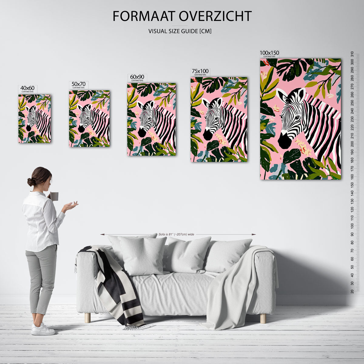 Zebra en bladeren – staand wanddecoratie kunstwerk