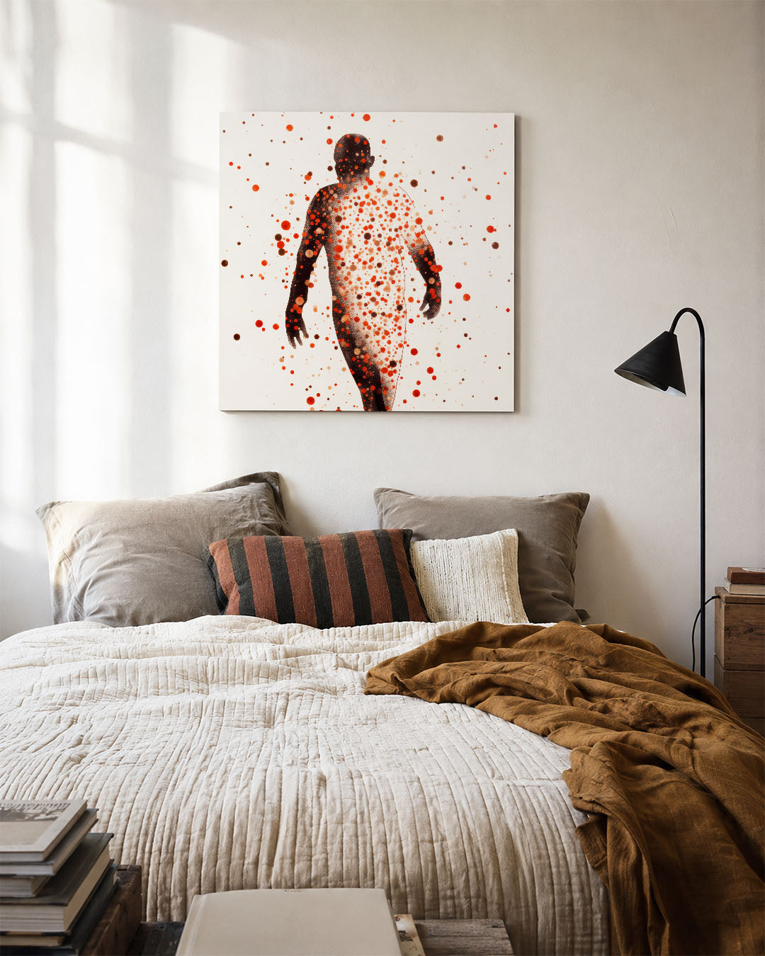 Vorm en puntenspel kunstwerk – detailweergave – dit werk toont een silhouet bedekt met een patroon van kleurrijke stippen. De