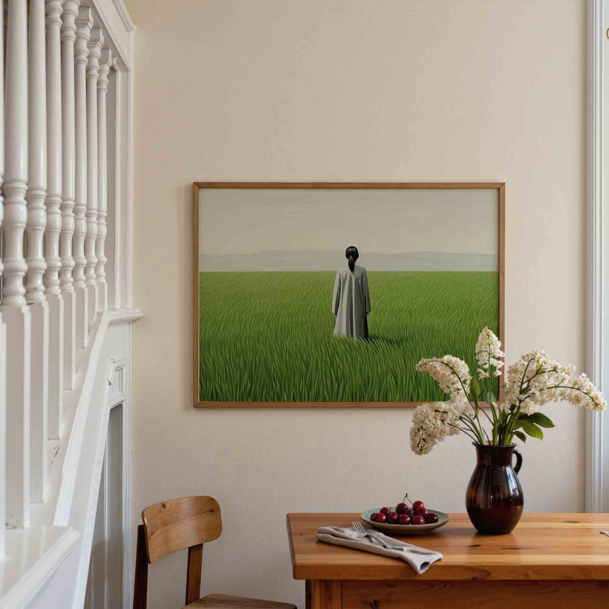 Vrouw in grasveld – liggende illustratie poster als wanddecoratie
