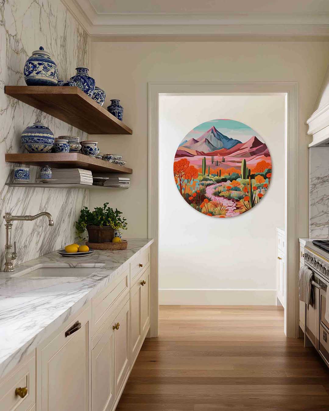 Berglandschap met cactussen – moderne abstracte muurcirkel voor aan de muur