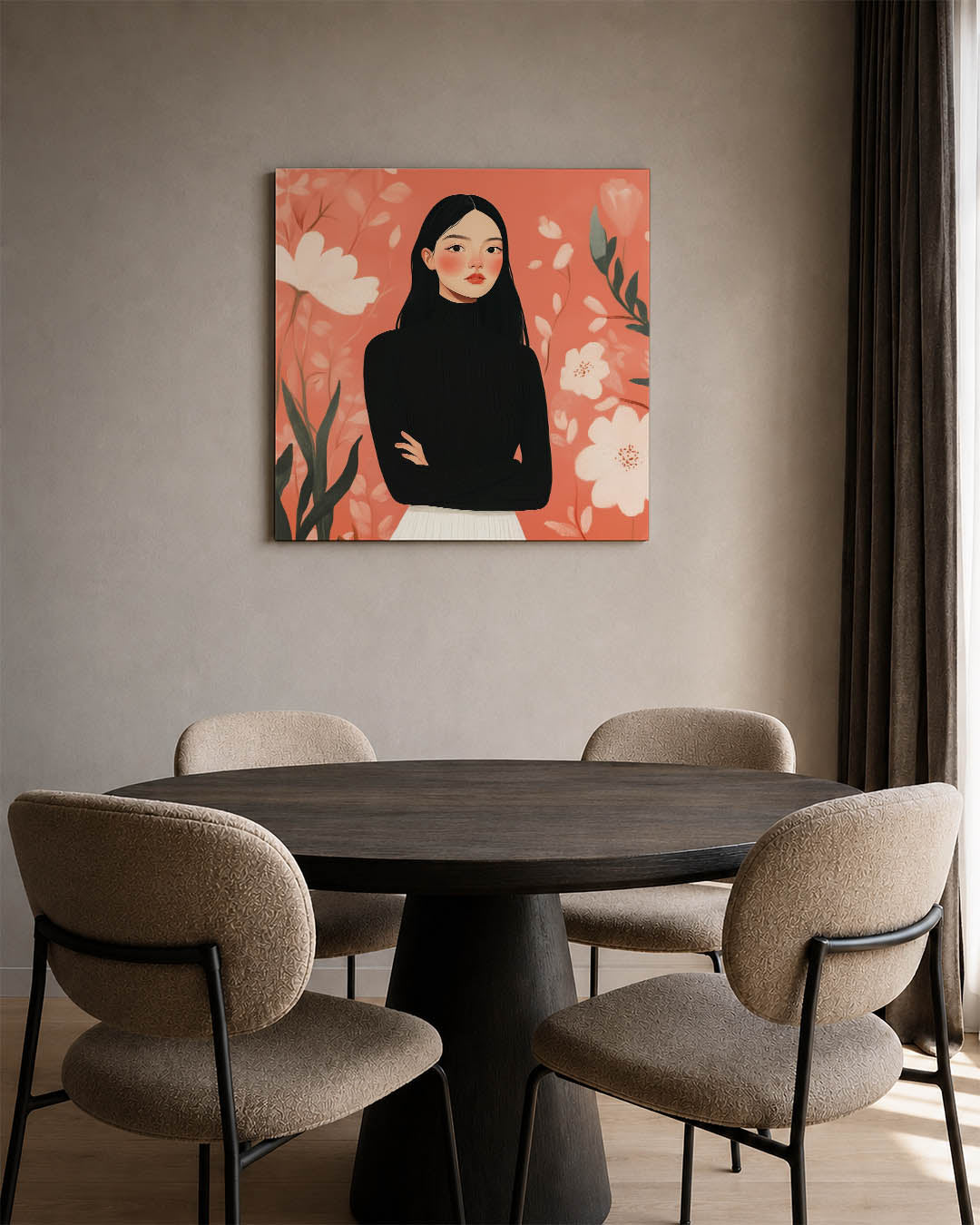 Vrouwelijk portret bloemen kunstwerk – derde productweergave – dit kunstwerk toont een vrouw in een zwarte trui tegen een