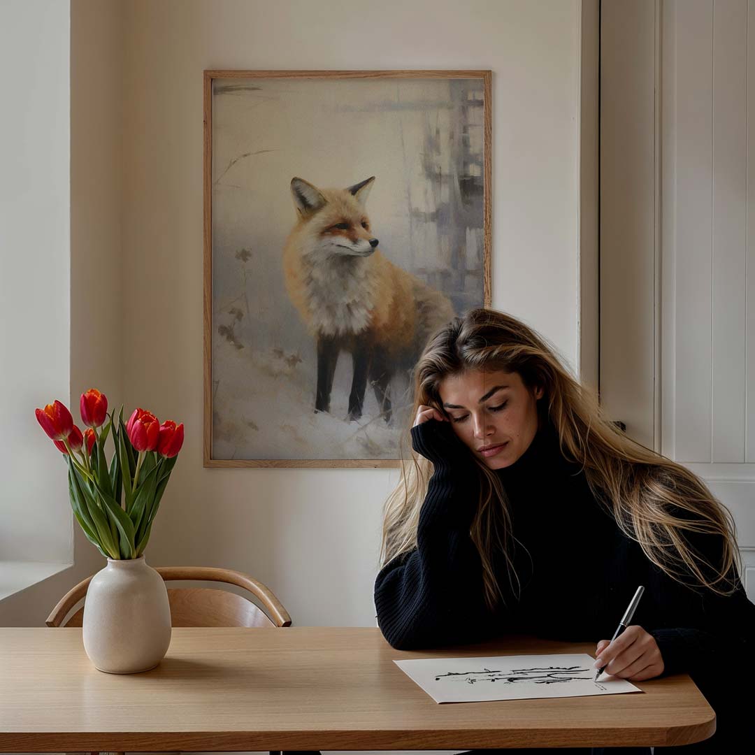Vos in de Sneeuw – feestelijke wandkunst als portret poster