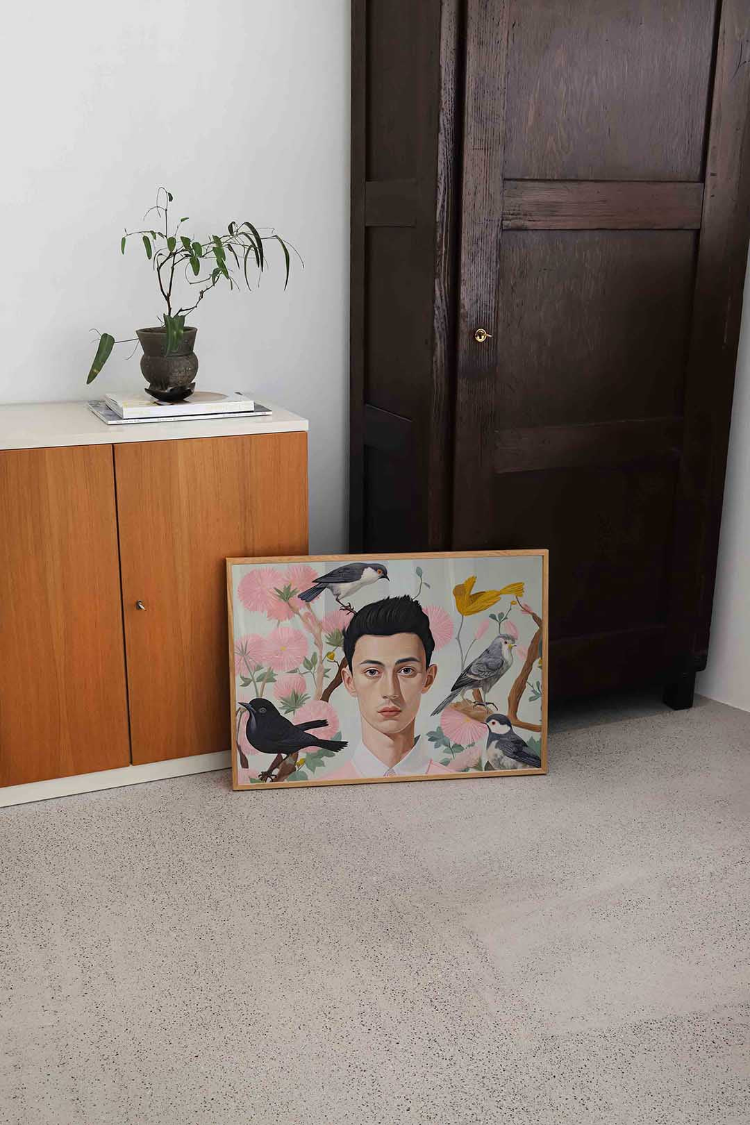 Vogel en bloemen portret – hedendaagse illustratie als liggende poster