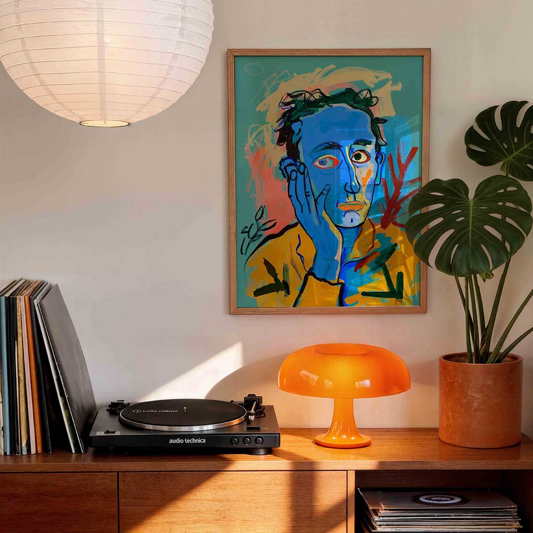 Blauw gezicht met hand – staande kleurrijke wanddecoratie van WallArtistic