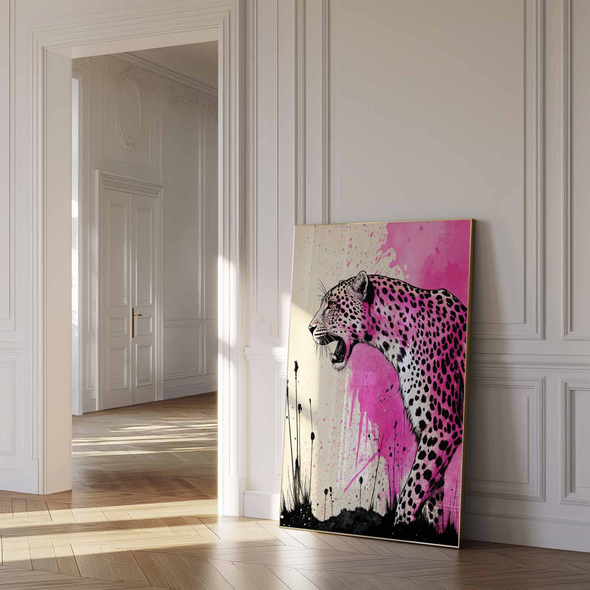 Wild Roze Leopard Print – dierenposter als moderne staande wanddecoratie