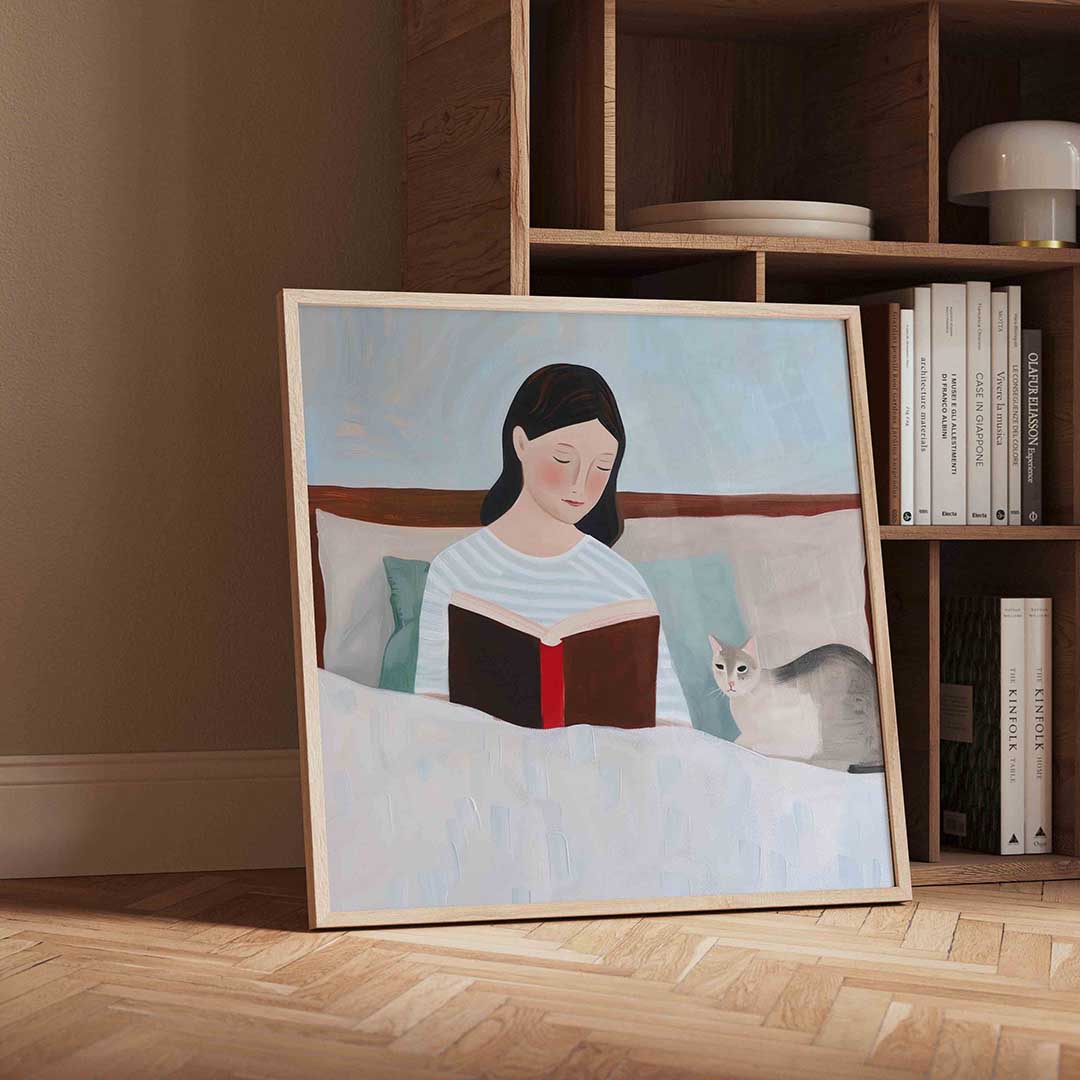 Lezende vrouw met kat – moderne wandkunst als vierkante poster