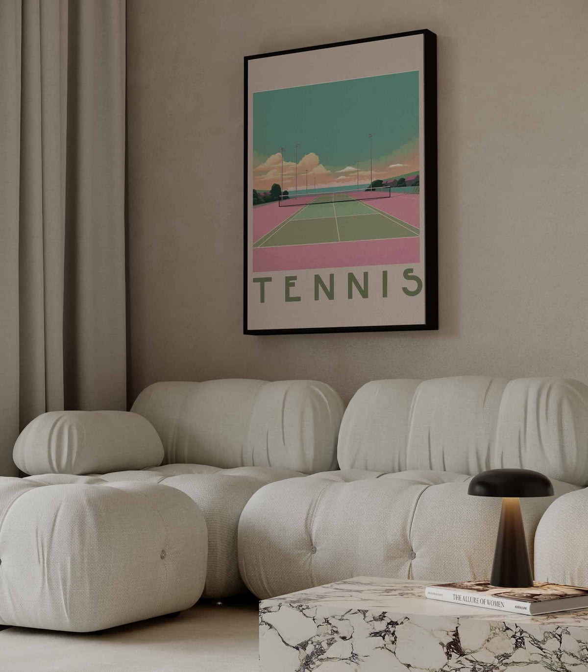 Kleurrijke Tennisbaan Zonsondergang – staande wandkunst voor woonkamer of interieur