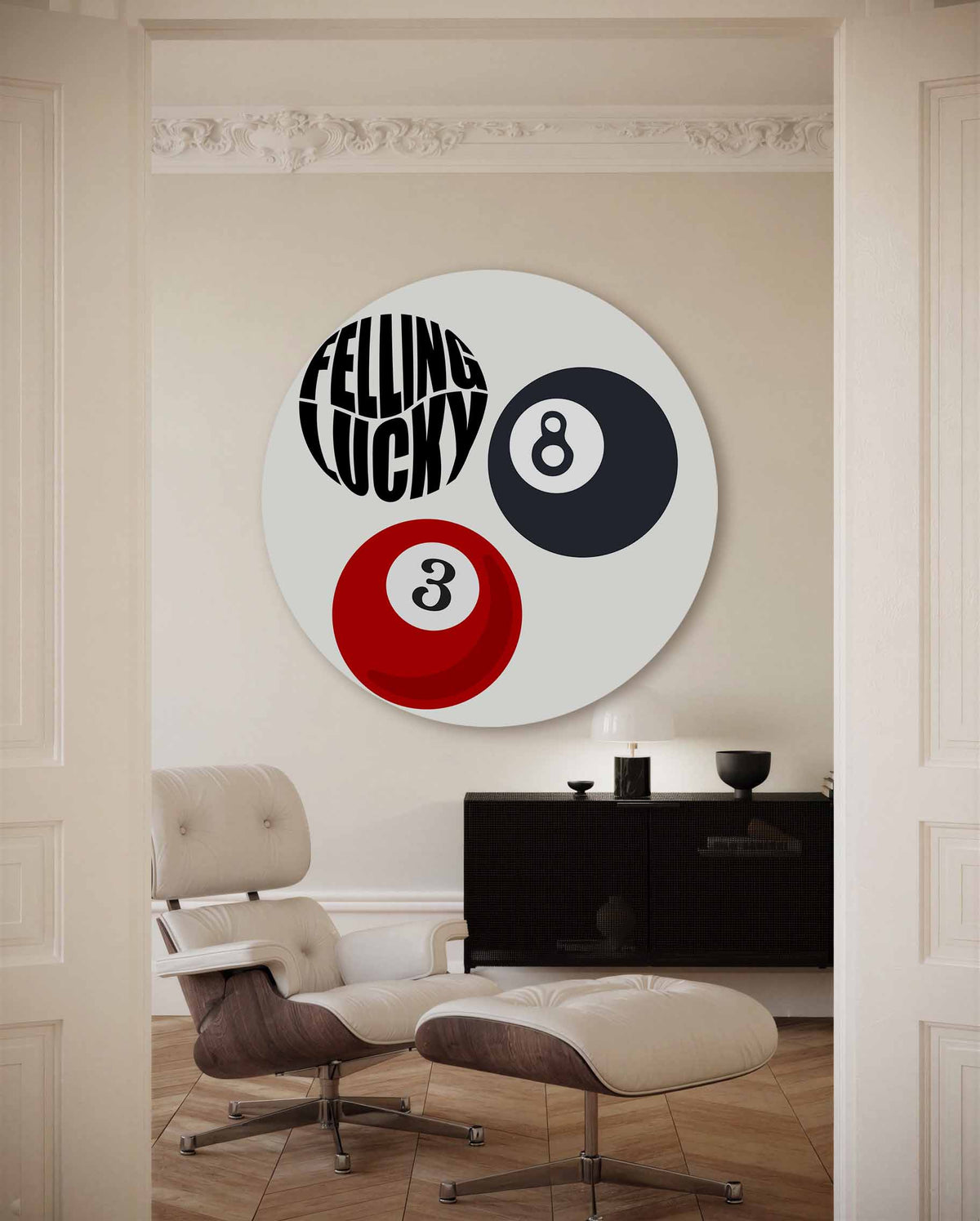 Biljartballen en tekst – kleurrijke Pop Art muurcirkel voor aan de muur