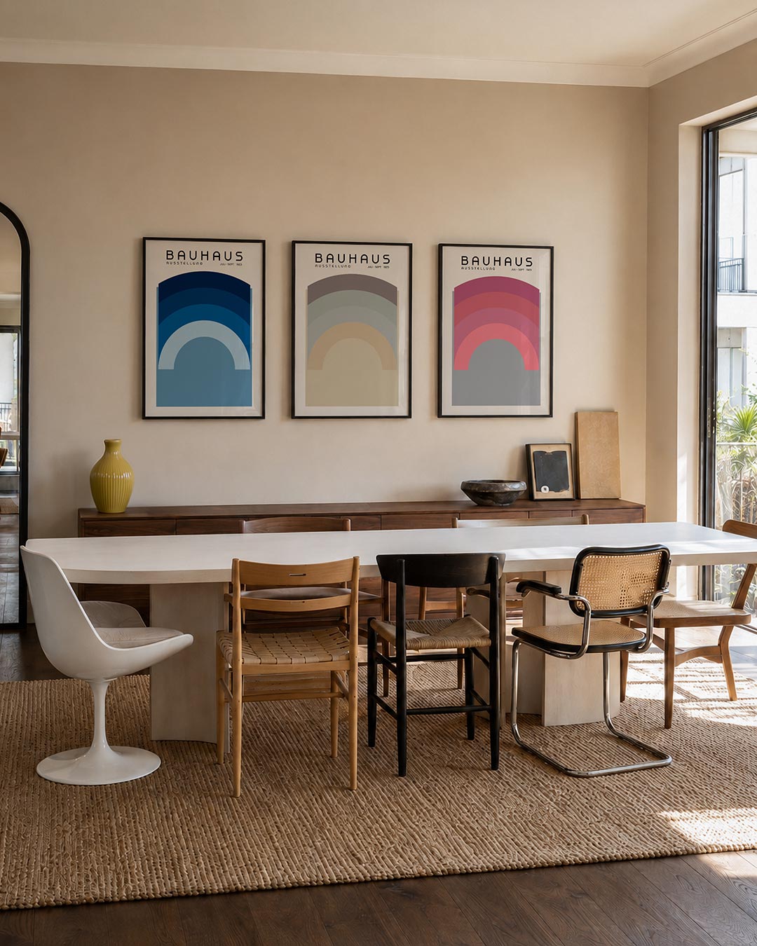 Kleurboog ritme posterset – tweede productweergave – deze posterset in drie delen toont een harmonie van blauwe bogen op een