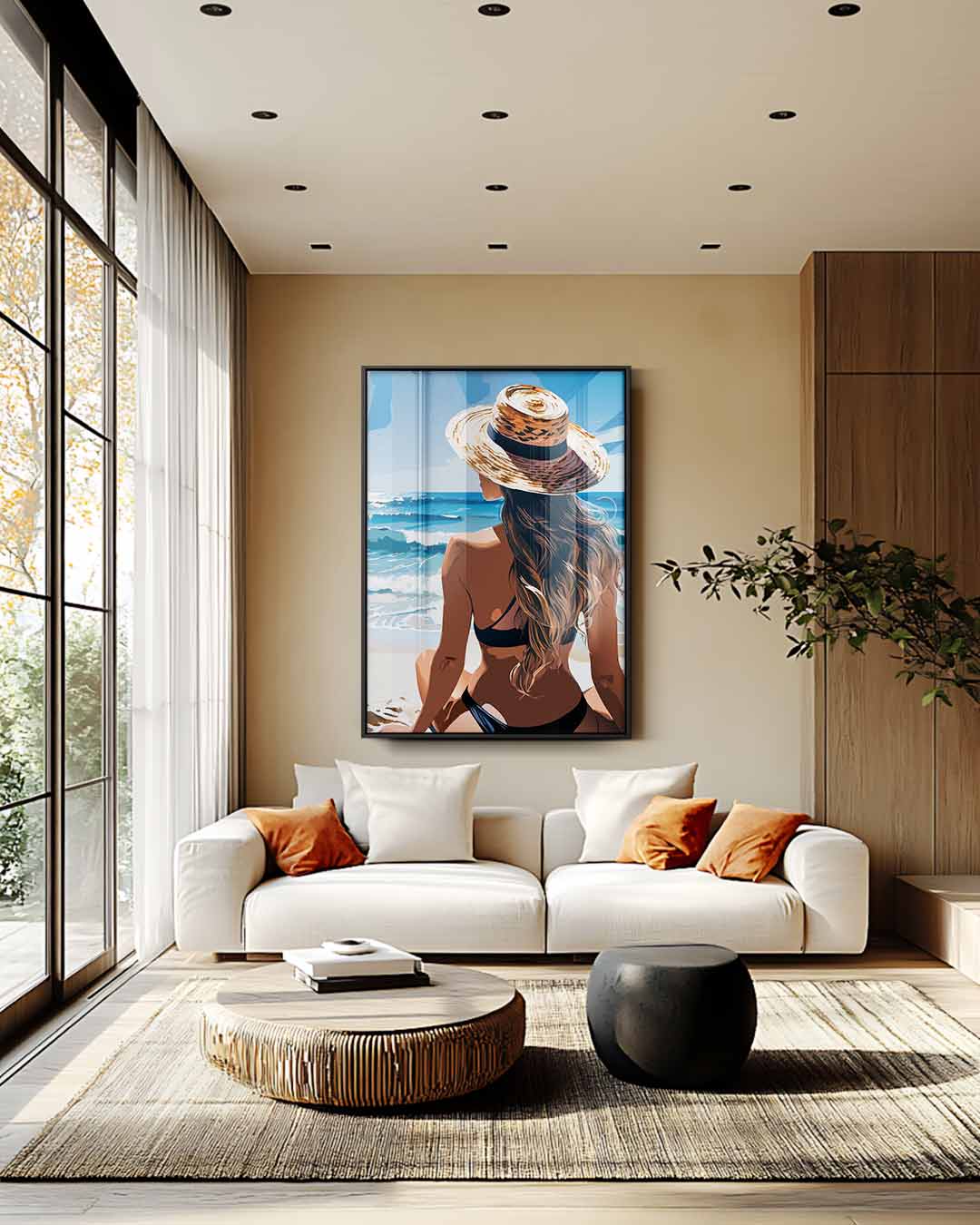 Zomers Stranduitzicht – plexiglas wanddecoratie in portret formaat