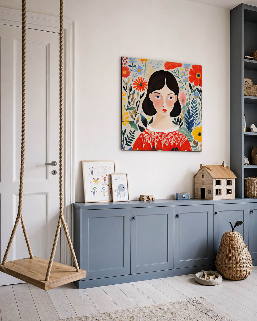 Vrouwelijk bloemenportret kunstwerk – vierkante wanddecoratie – een vrouw met donkere haren omringd door kleurrijke bloemen.
