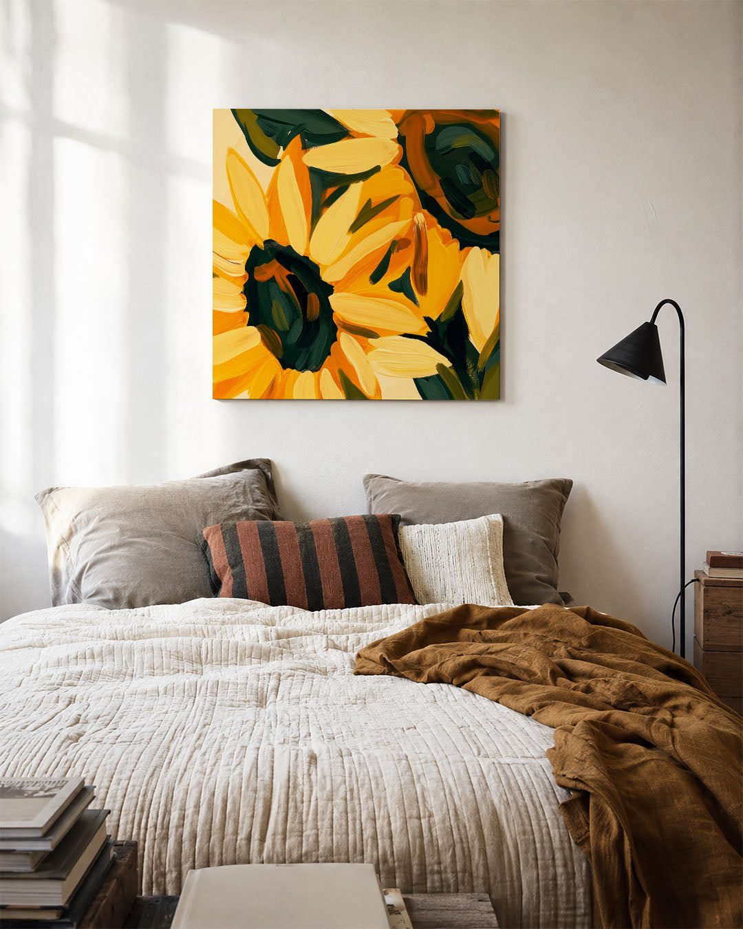 Expressieve bloemen kunstwerk – detailweergave – dit werk toont grote bloemen in levendige kleuren. De penseelstreken en het