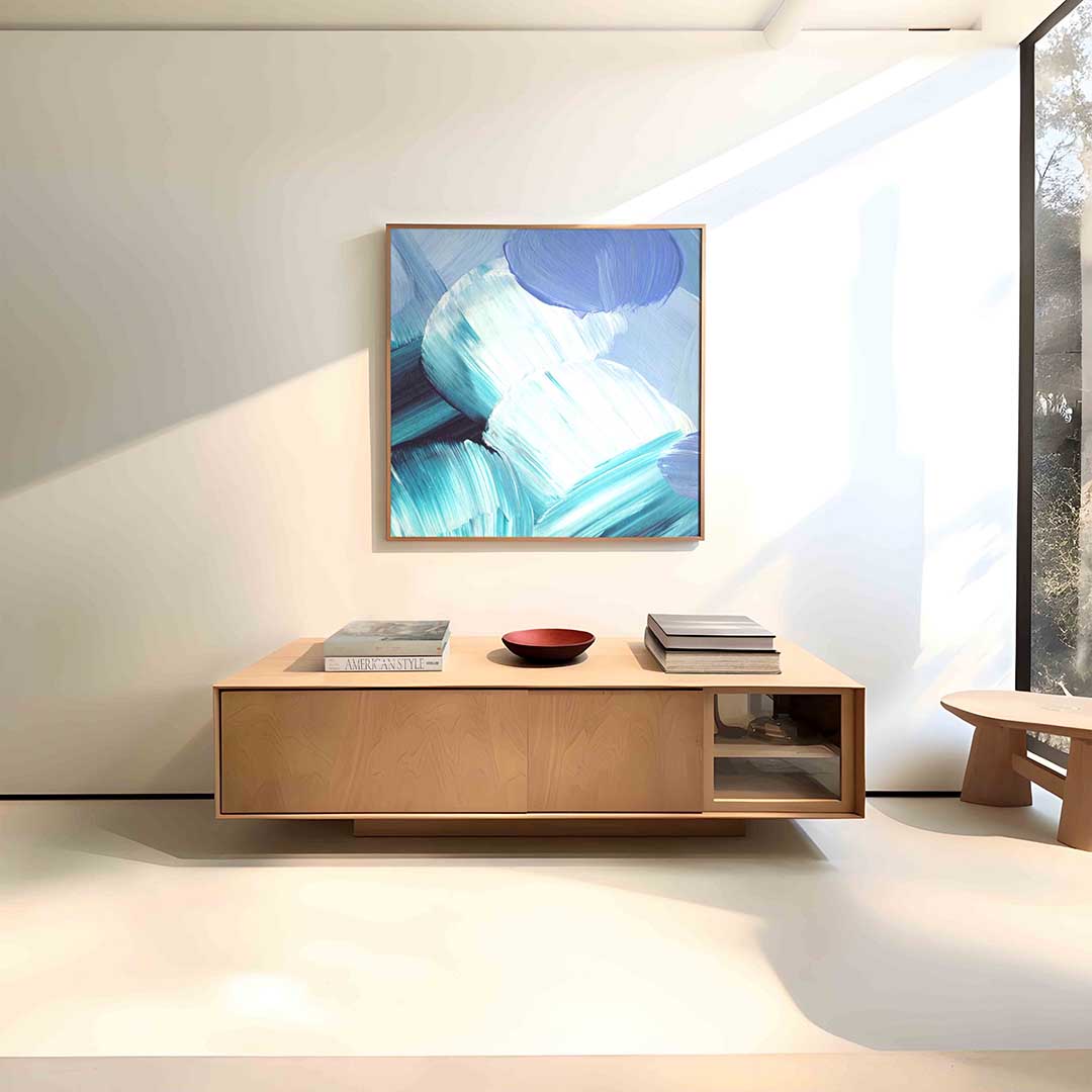 Abstracte blauwe penseelstreken – vierkante schilderkunst wanddecoratie van WallArtistic