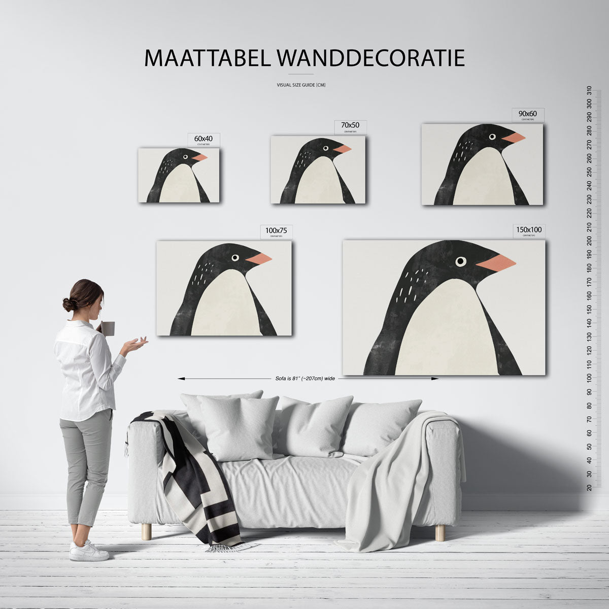 Gestileerde pinguïn – moderne liggende wanddecoratie
