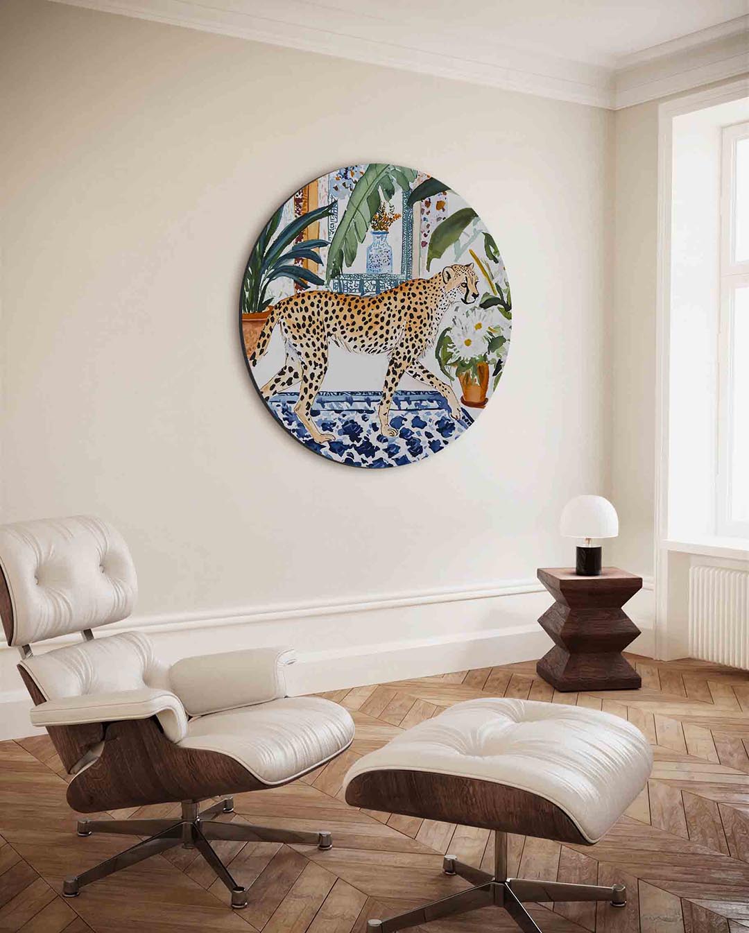 Luipaard en planten – kleurrijke ronde wanddecoratie van WallArtistic