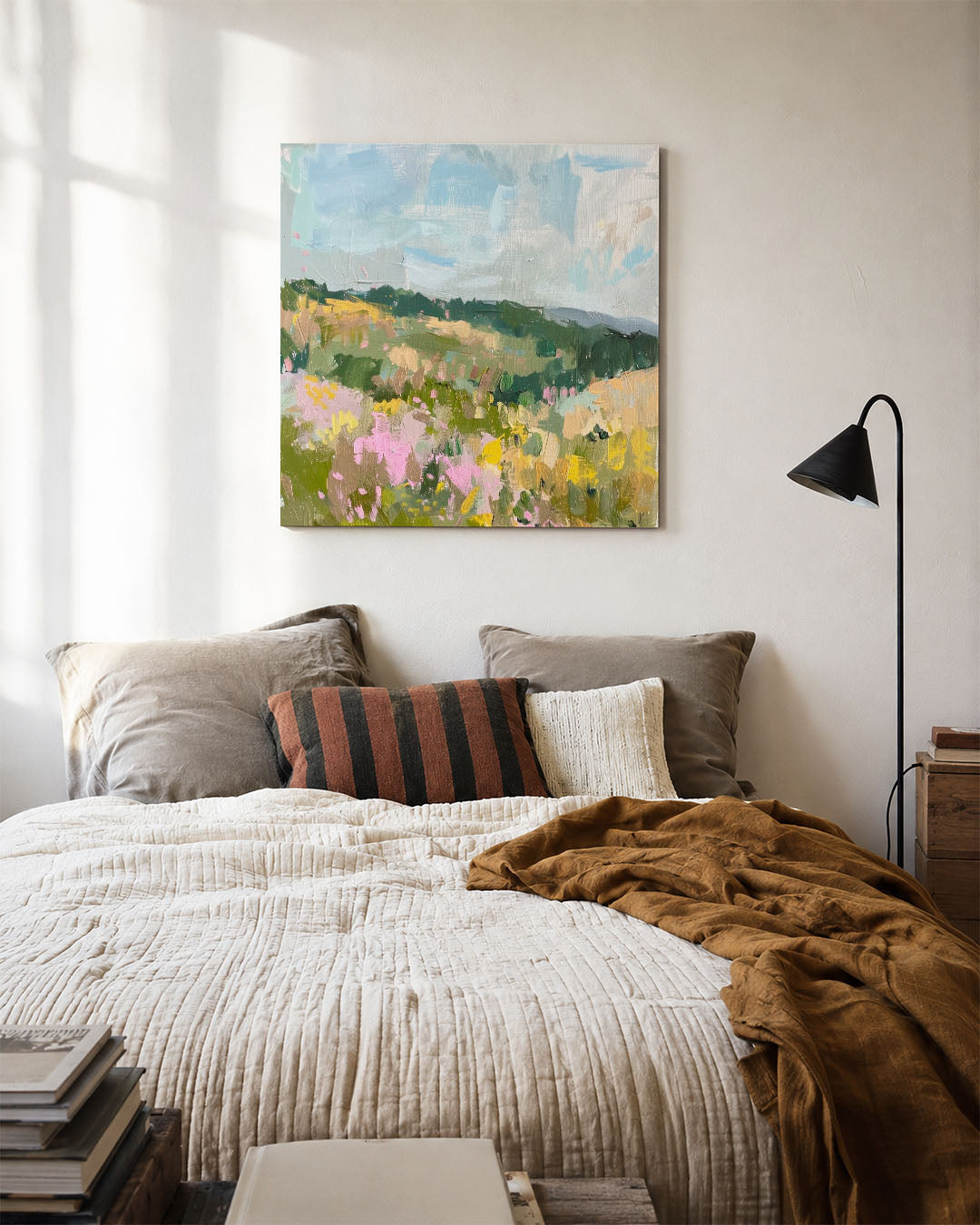 Kleurrijk landschap kunstwerk – detailweergave – dit werk toont een levendig landschap met een mix van groene velden en een