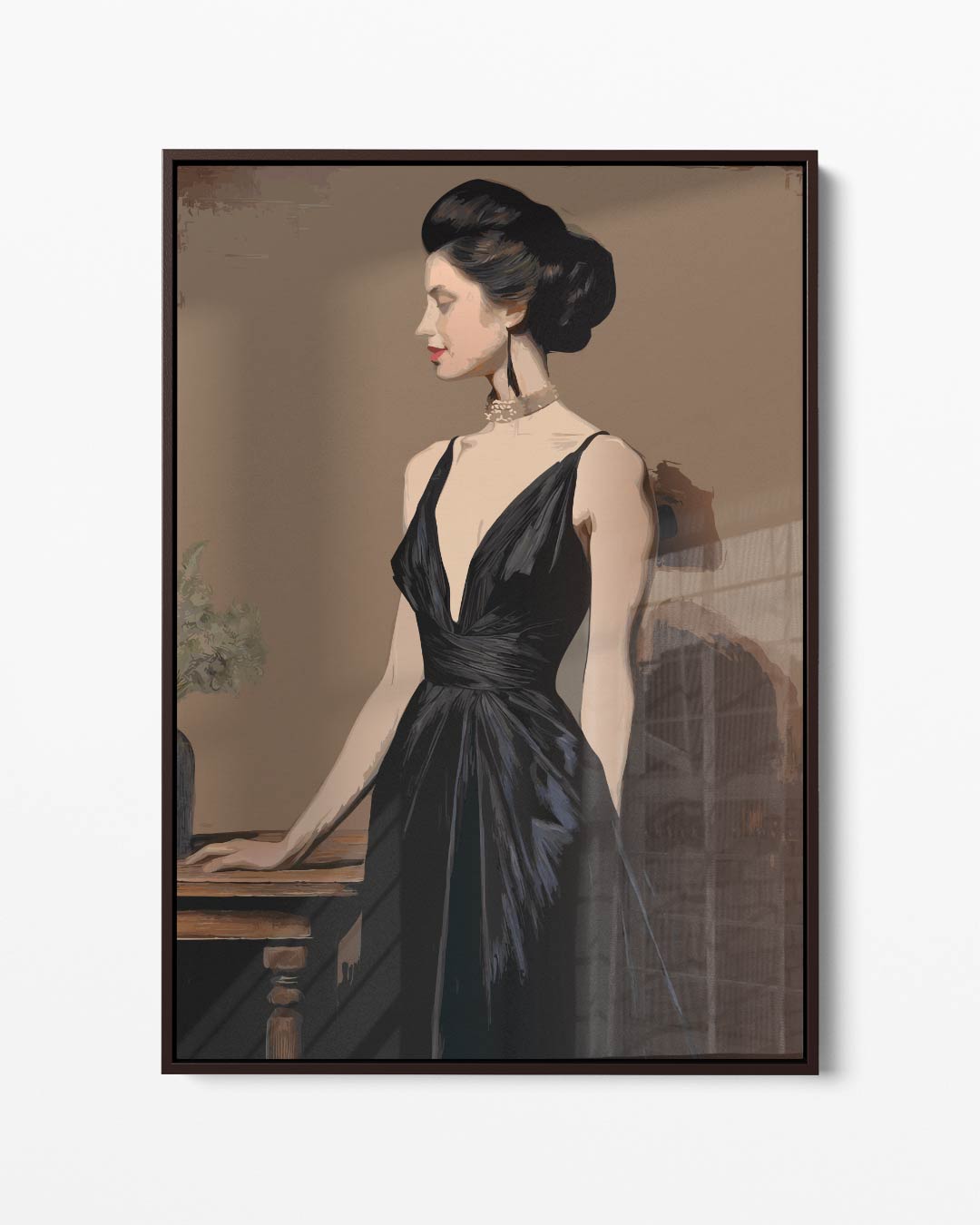 Elegante Dame in Zwart – portret kunstwerk als wanddecoratie